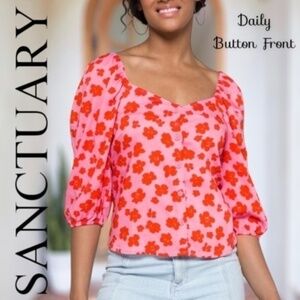 SANCTUARY Daily Button-Front Square Neck 3/4 Sleeve Lightweight Blouse, Md NWT